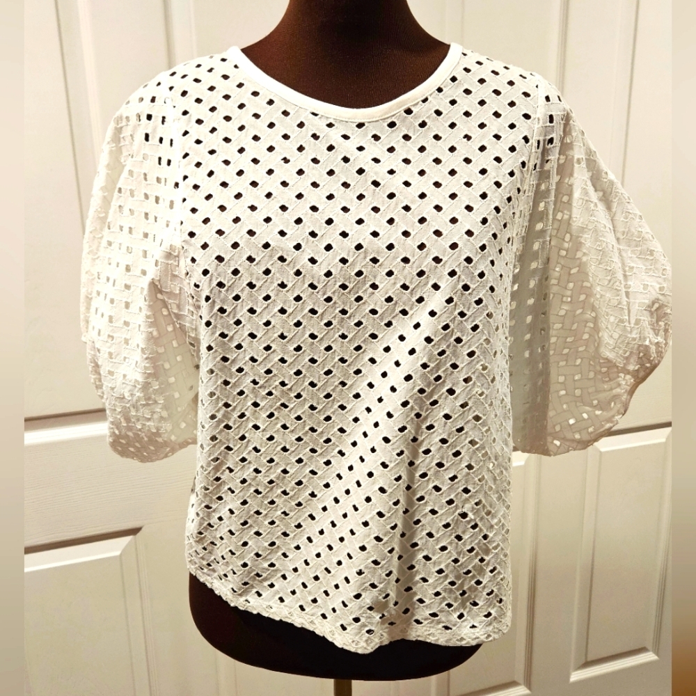 Zara Womens Oversized Lattice Balloon Sleeve Blouse